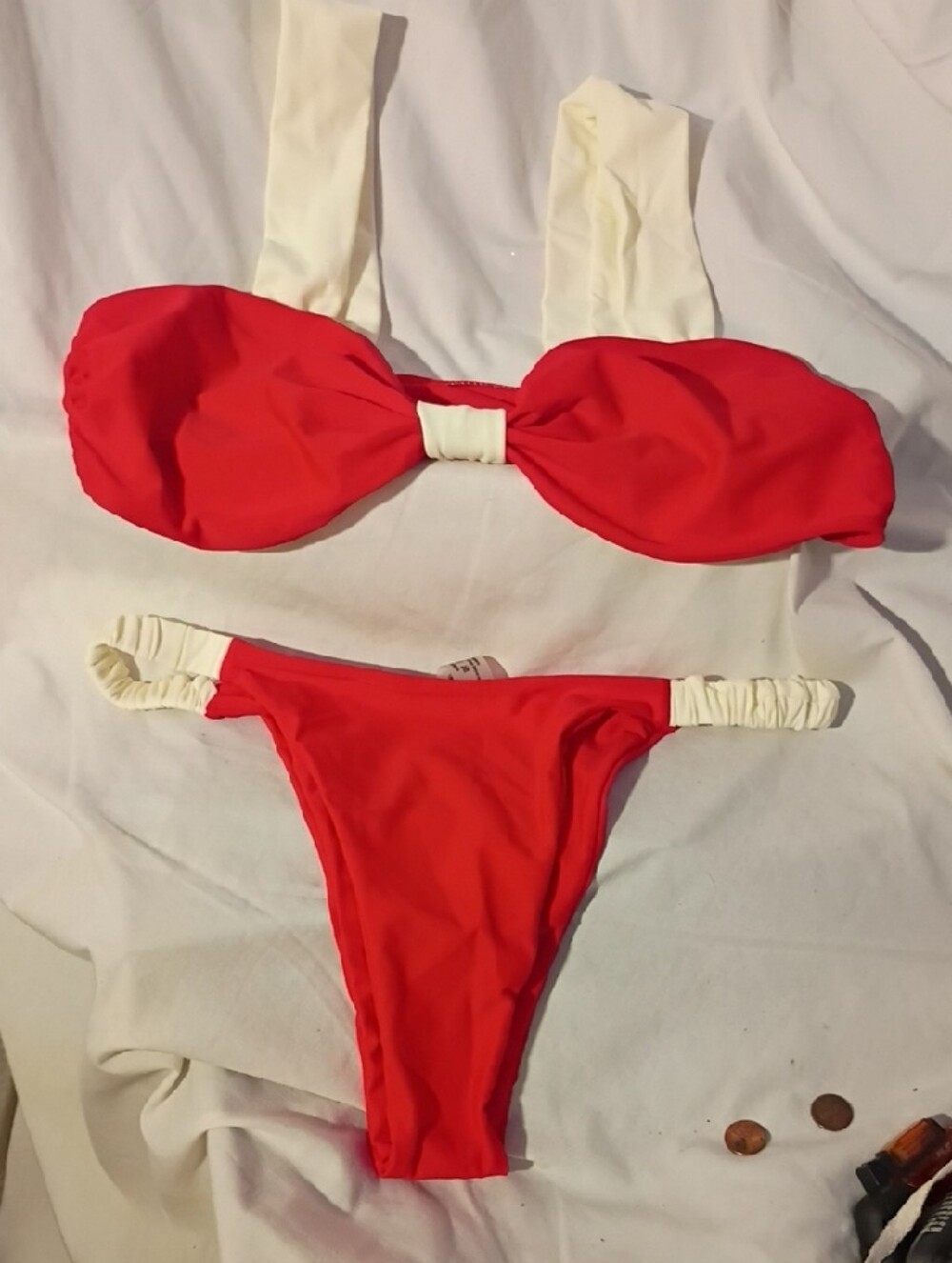 SHEIN Red and Cream Girls Two-Piece Swim Bikini